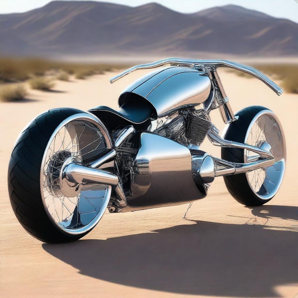 A chrome speeder bike chopper with an enclosed cockpit and wide car tires