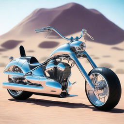 A chrome speeder bike chopper with an enclosed cockpit and wide car tires