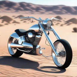 A chrome speeder bike chopper with an enclosed cockpit and wide car tires