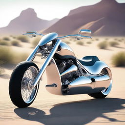 A chrome speeder bike chopper with an enclosed cockpit and wide car tires