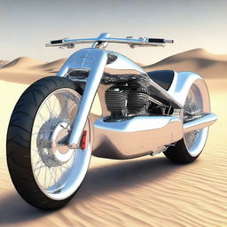 A chrome speeder bike chopper with an enclosed cockpit and wide car tires