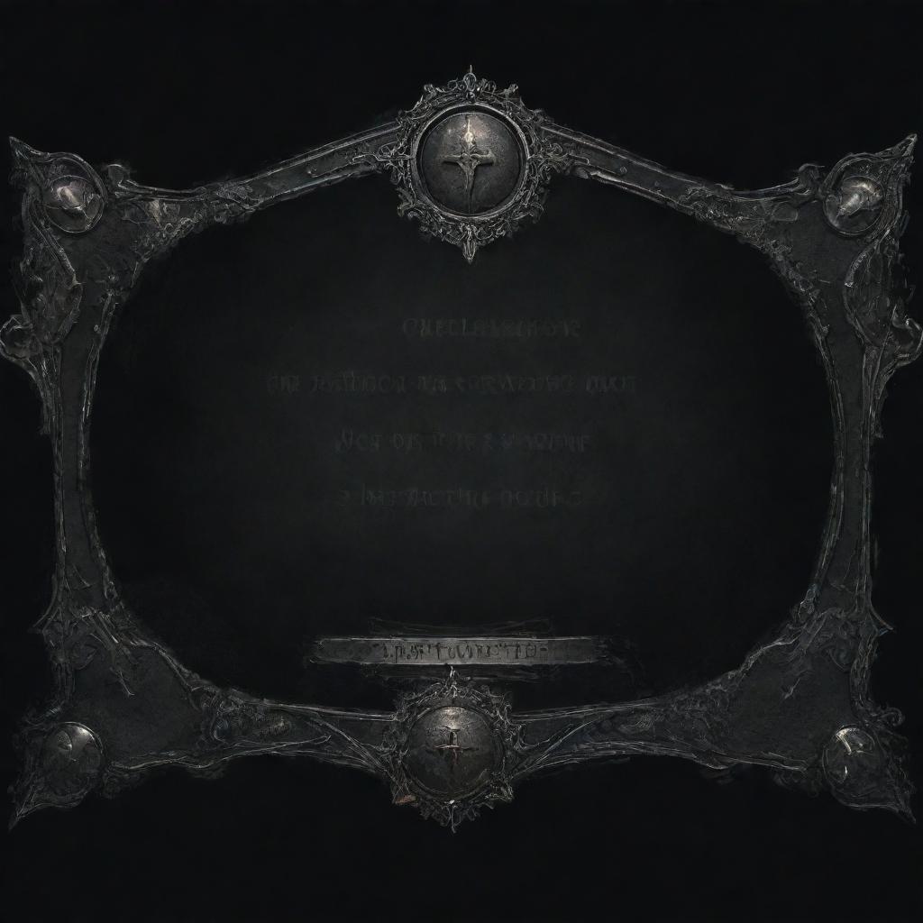 A dark and atmospheric souls-like UI banner for text, incorporating a button with high detail and gothic embellishments.