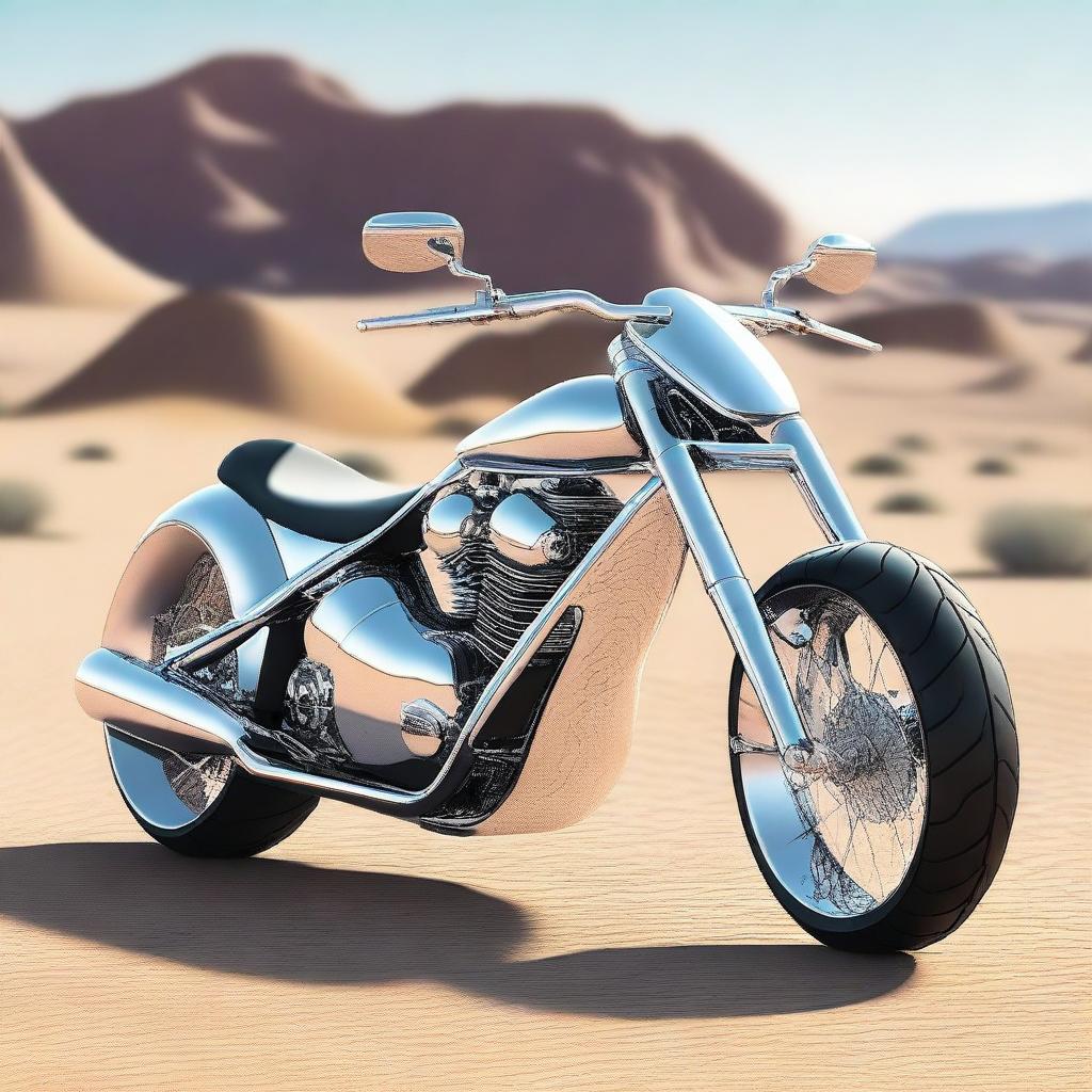 A chrome speeder bike chopper with an enclosed cockpit and wide car tires