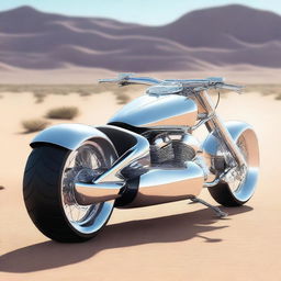 A chrome speeder bike chopper with an enclosed cockpit and wide car tires