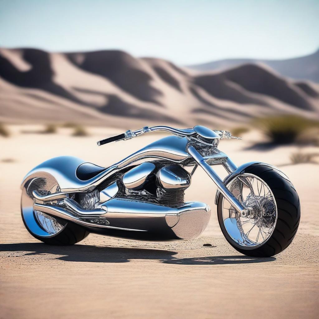 A chrome speeder bike chopper with an enclosed cockpit and wide car tires, blending futuristic design with robust aesthetics