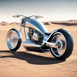 A chrome speeder bike chopper with an enclosed cockpit and wide car tires, blending futuristic design with robust aesthetics