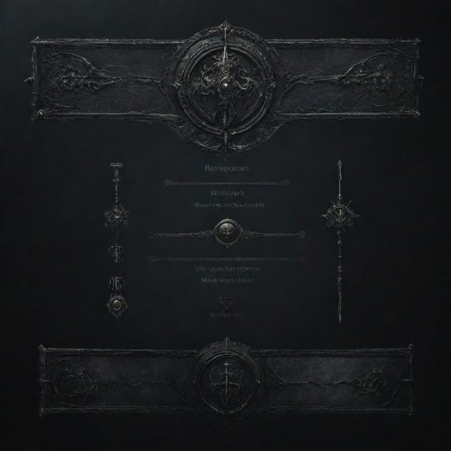 A dark and atmospheric souls-like UI banner for text, incorporating a button with high detail and gothic embellishments.