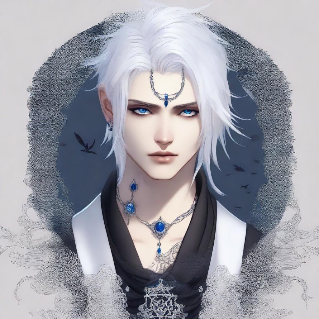 A male Shadar-Kai with deep blue eyes, half white hair and half black hair