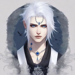 A male Shadar-Kai with deep blue eyes, half white hair and half black hair