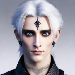 A male Shadar-Kai with deep blue eyes, half white hair and half black hair