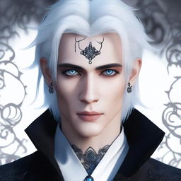 A male Shadar-Kai with deep blue eyes, half white hair and half black hair