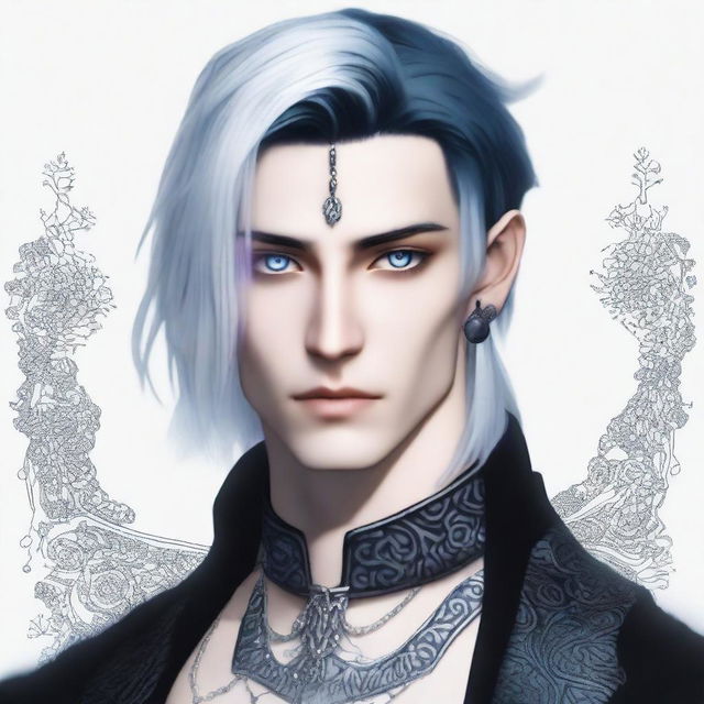 A male Shadar-Kai with deep blue eyes, half white hair and half black hair