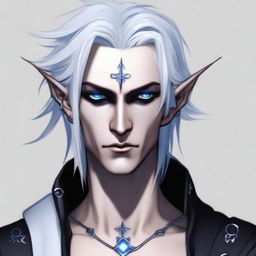 A male dark elf with deep blue eyes, half white hair and half black hair