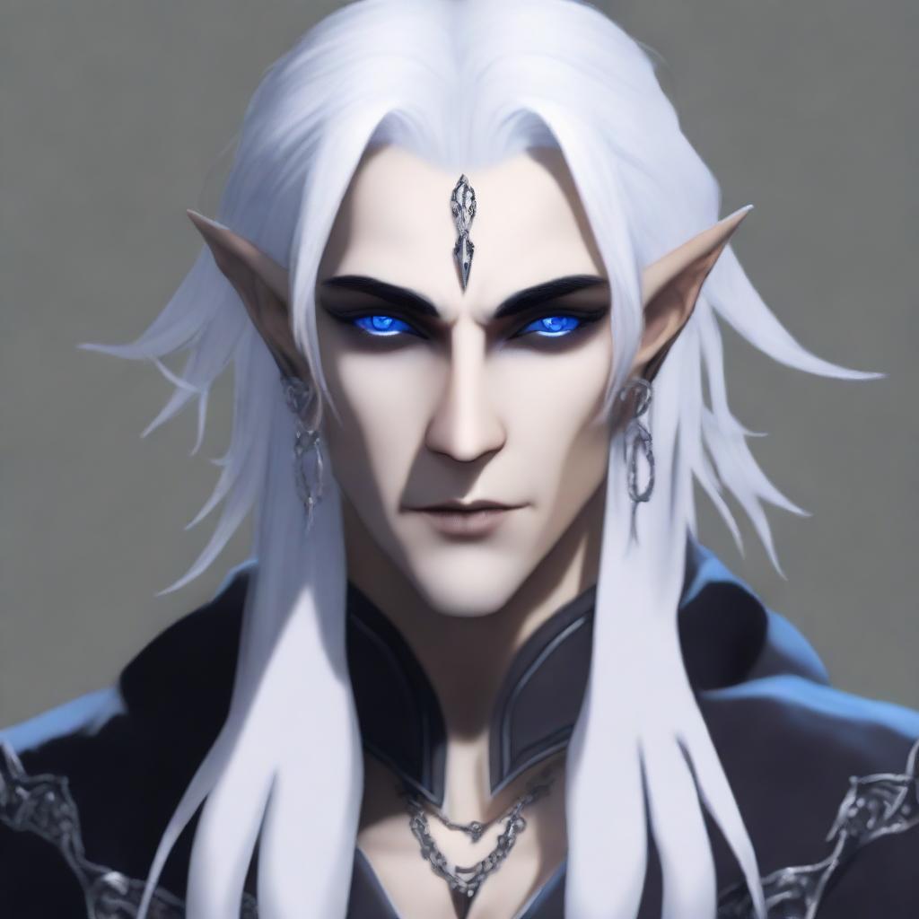 A male dark elf with deep blue eyes, half white hair and half black hair