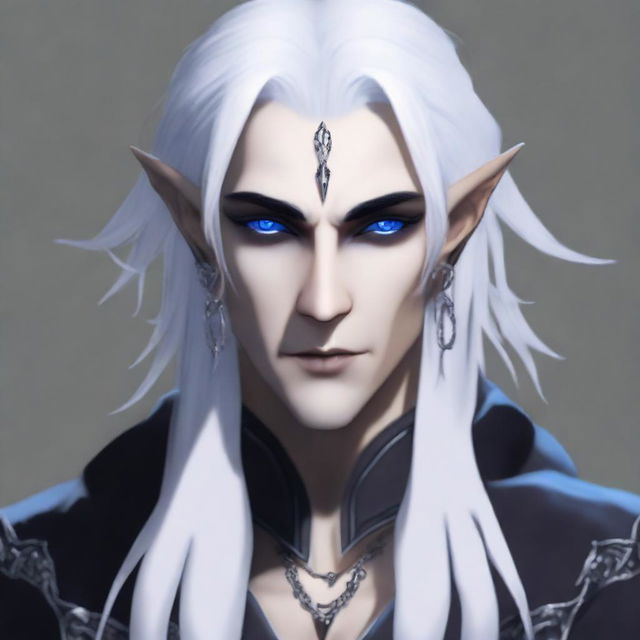 A male dark elf with deep blue eyes, half white hair and half black hair