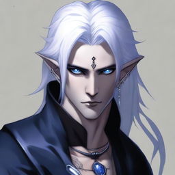 A male dark elf with deep blue eyes, half white hair and half black hair