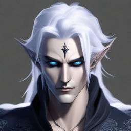 A male dark elf with deep blue eyes, half white hair and half black hair