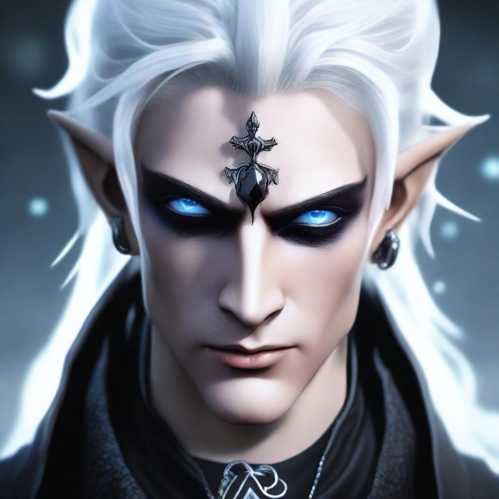 A male dark elf with deep blue eyes, half white hair and half black hair