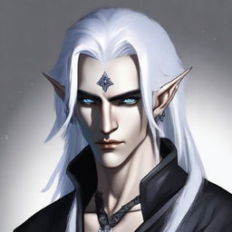 A male dark elf with deep blue eyes, half white hair and half black hair