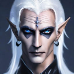 A male dark elf with deep blue eyes, half white hair and half black hair