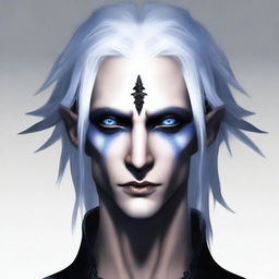 A male dark elf with deep blue eyes, half white hair and half black hair