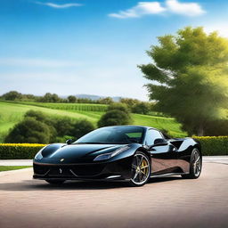 A high-resolution image of a luxury black Ferrari car