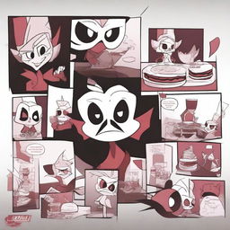 Create an image summarizing episode 4 of Hazbin Hotel, capturing key scenes and characters, while maintaining the show's distinctive art style and dark humor