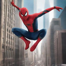 A movie poster featuring Spider-Man in an action-packed pose, swinging through the city with skyscrapers in the background