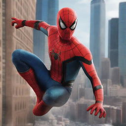 A movie poster featuring Spider-Man in an action-packed pose, swinging through the city with skyscrapers in the background