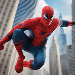 A movie poster featuring Spider-Man in an action-packed pose, swinging through the city with skyscrapers in the background