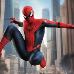 A movie poster featuring Spider-Man in an action-packed pose, swinging through the city with skyscrapers in the background