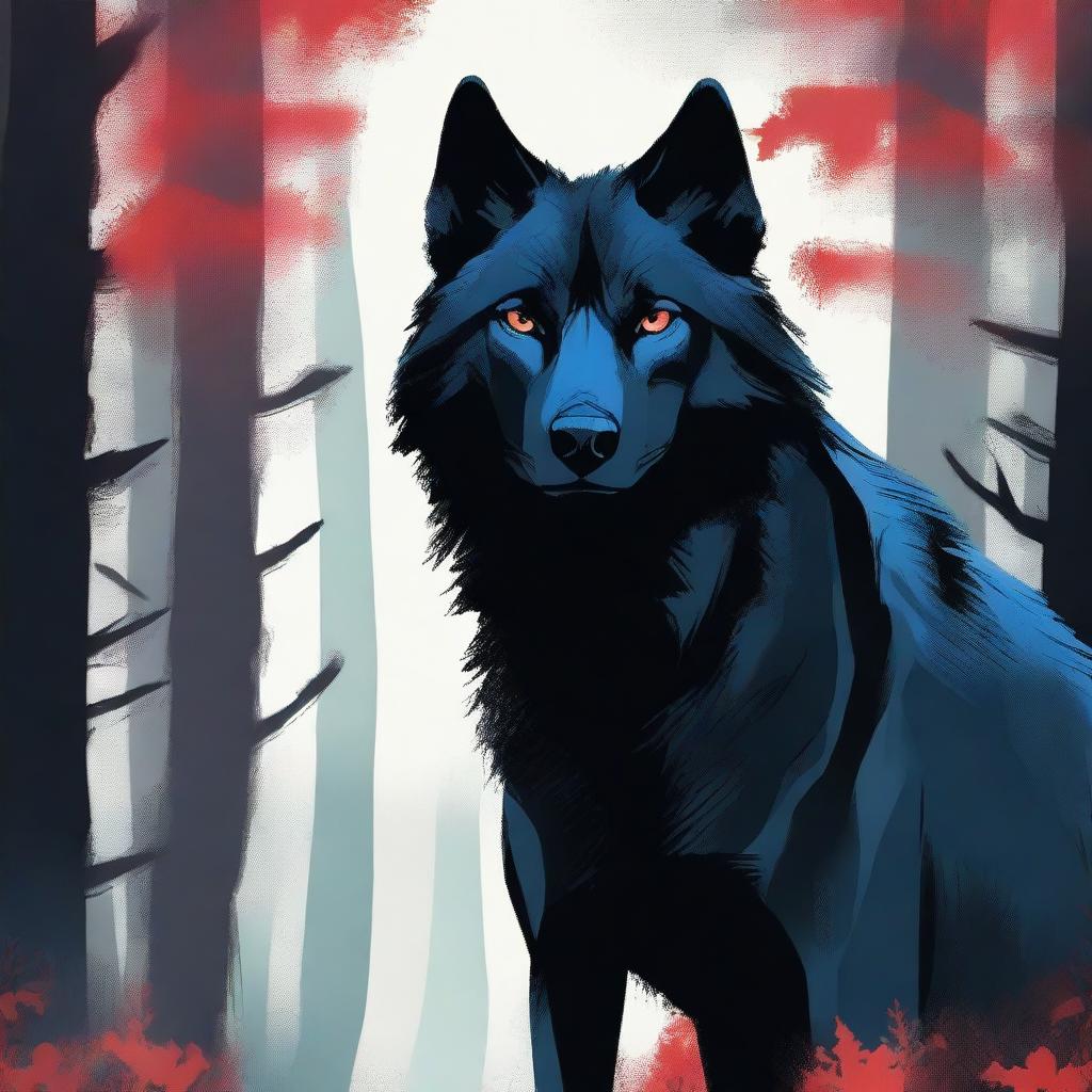 A black wolf with one blue eye and one red eye, featuring a scar on its face