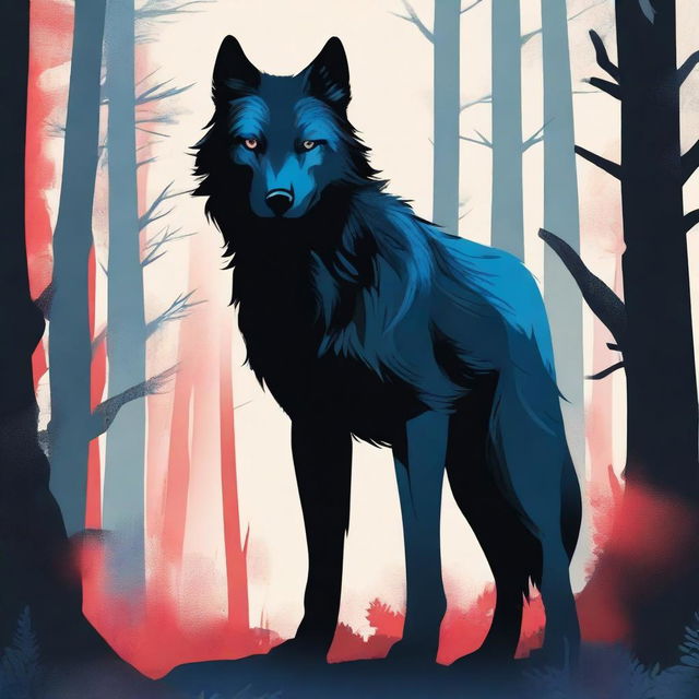 A black wolf with one blue eye and one red eye, featuring a scar on its face