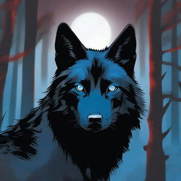 A black wolf with one blue eye and one red eye, featuring a scar on its face