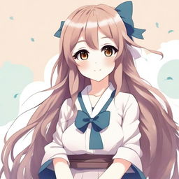 Create an image of a beautiful anime-style waifu with long flowing hair, big expressive eyes, and a gentle smile