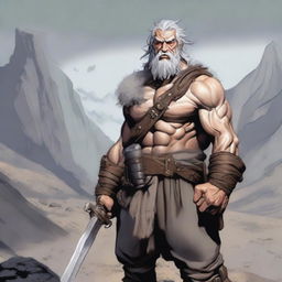 An old, gray-haired barbarian who looks somewhat malnourished, trying to reminisce about his glory days as an adventurer