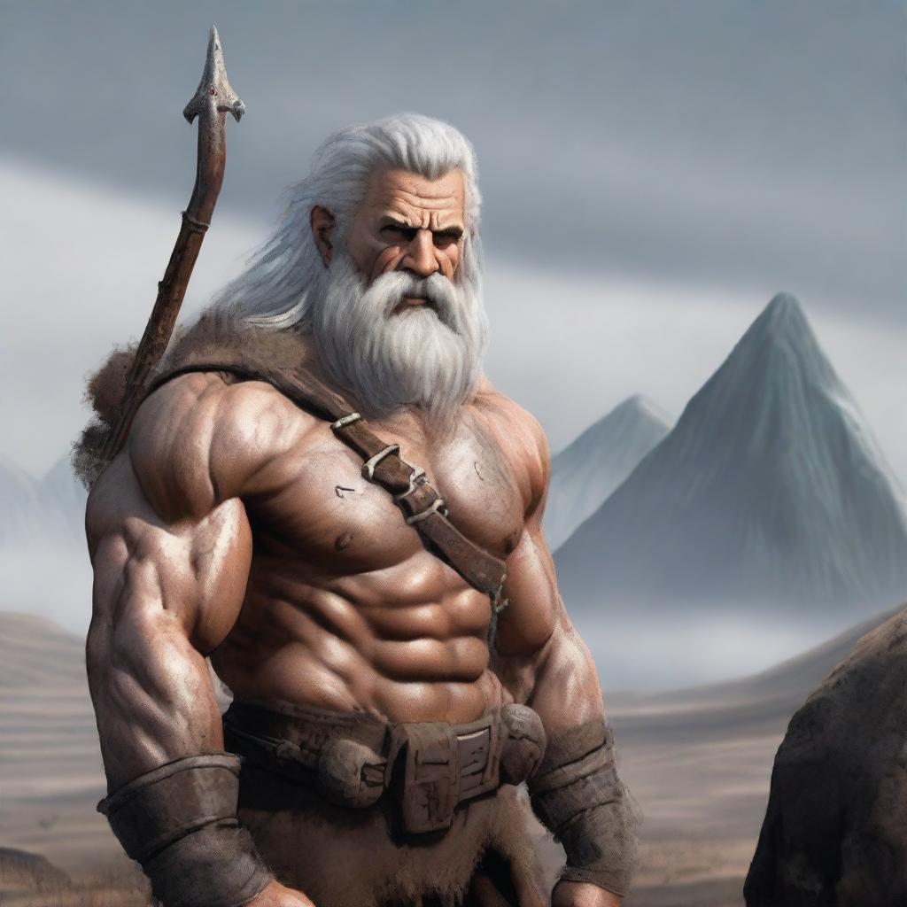 An old, gray-haired barbarian who looks somewhat malnourished, trying to reminisce about his glory days as an adventurer