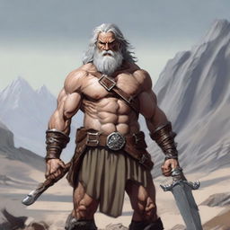 An old, gray-haired barbarian who looks somewhat malnourished, trying to reminisce about his glory days as an adventurer