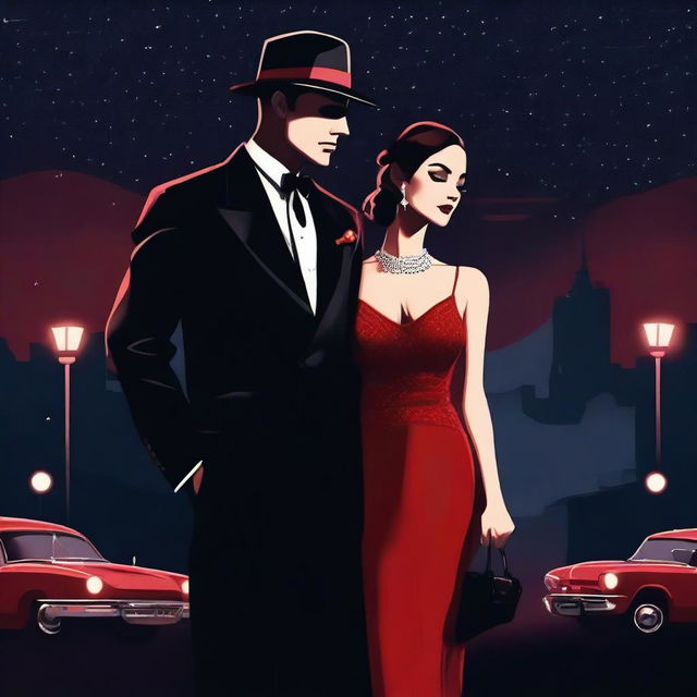 A stylish mafia couple standing under a starry night sky