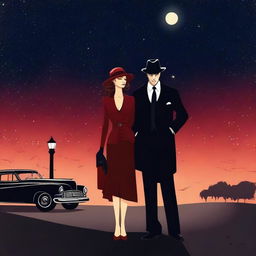 A stylish mafia couple standing under a starry night sky