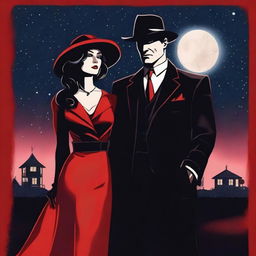 A stylish mafia couple standing under a starry night sky