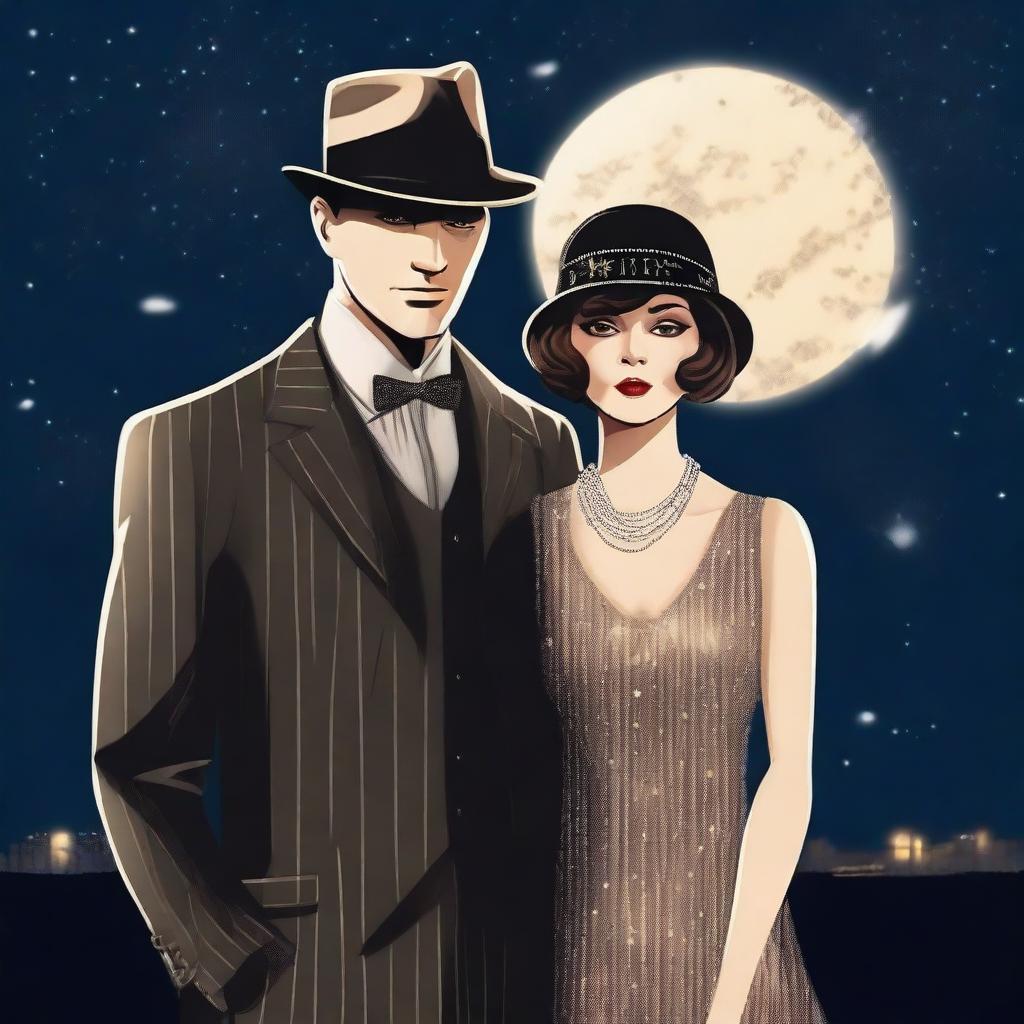 A stylish mafia couple dressed in 1920s attire standing under a starry night sky