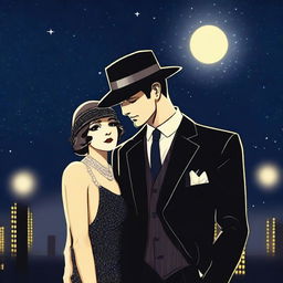 A stylish mafia couple dressed in 1920s attire standing under a starry night sky