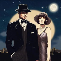 A stylish mafia couple dressed in 1920s attire standing under a starry night sky