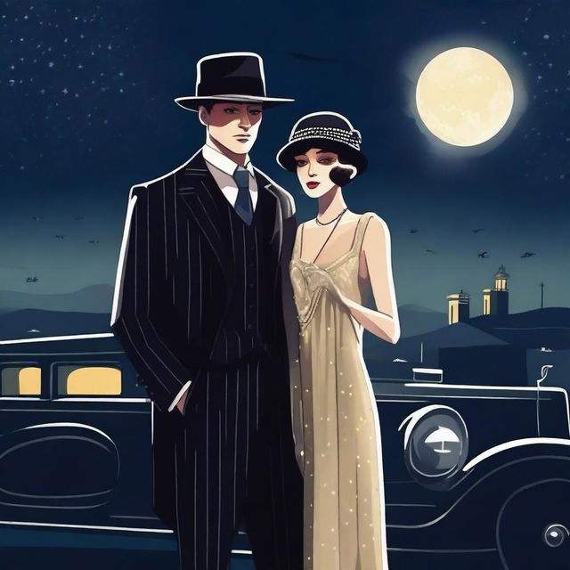 A stylish mafia couple dressed in 1920s attire standing under a starry night sky