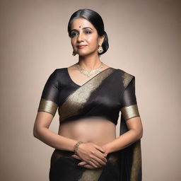 A middle-aged Indian woman wearing a transparent black saree, standing gracefully