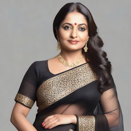 A middle-aged Indian woman wearing a transparent black saree, standing gracefully