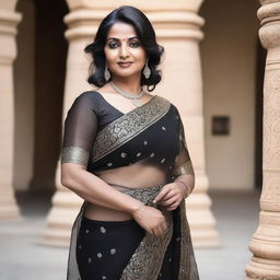 A middle-aged Indian woman wearing a transparent black saree, standing gracefully