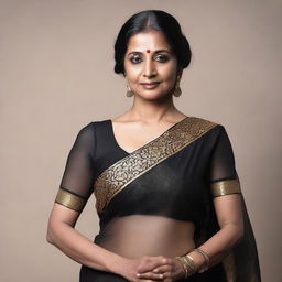 A middle-aged Indian woman wearing a transparent black saree, standing gracefully