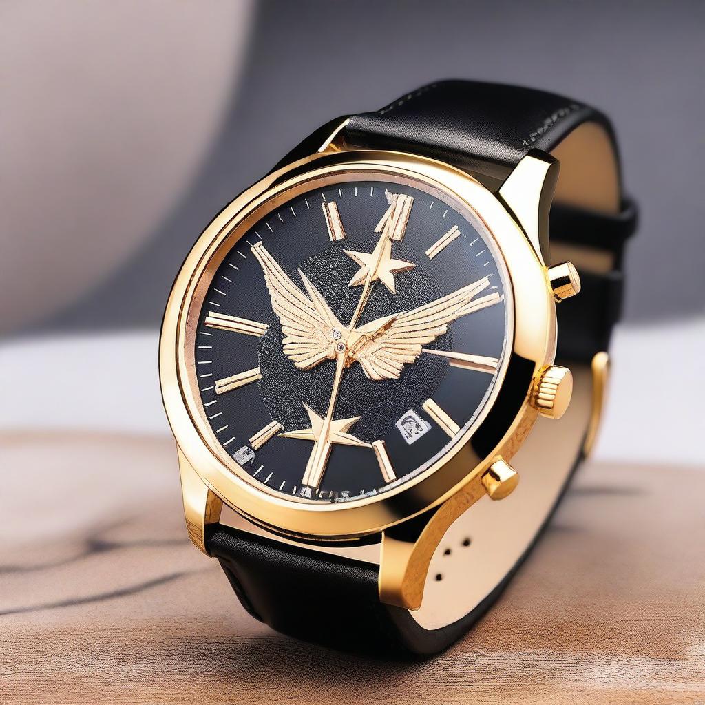 Design a stylish wristwatch featuring three stars on the face and the brand name 'Aguila'